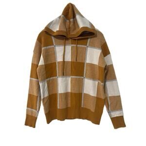 Rachel Roy Women's Sweater Size M Hooded Plaid Pullover Mustard Tan Academia
